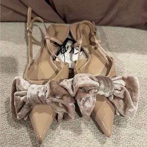 Zara Nude Slingback Heels with Velvet Bow